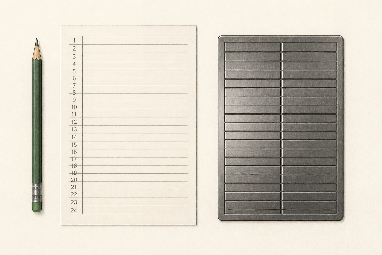 Technical line illustration of a blank numbered paper backup beside generic durable metal backup material