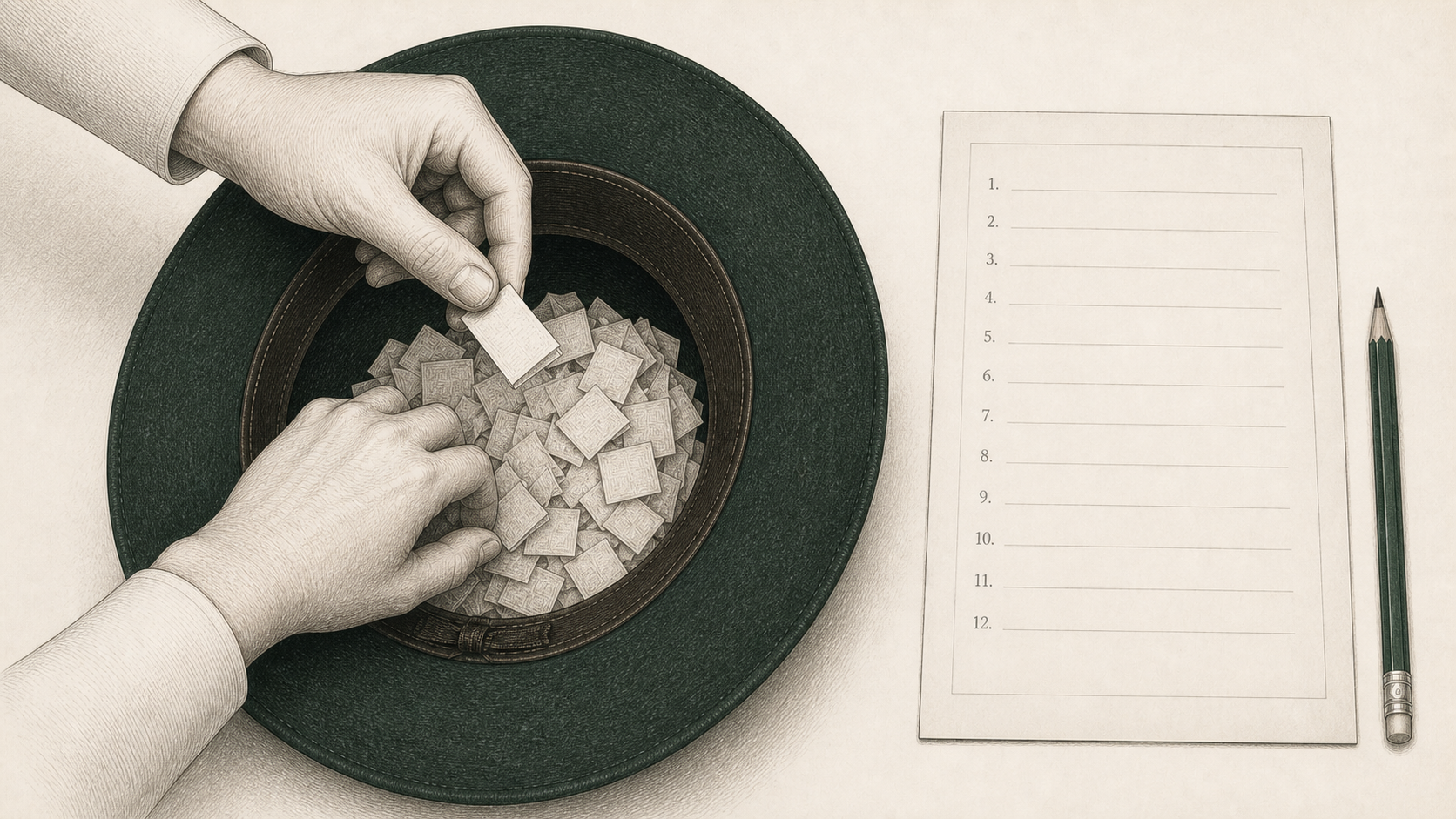 Overhead technical illustration of an upside-down felt hat with its interior head opening visible while folded slips are mixed and one is drawn beside a numbered worksheet