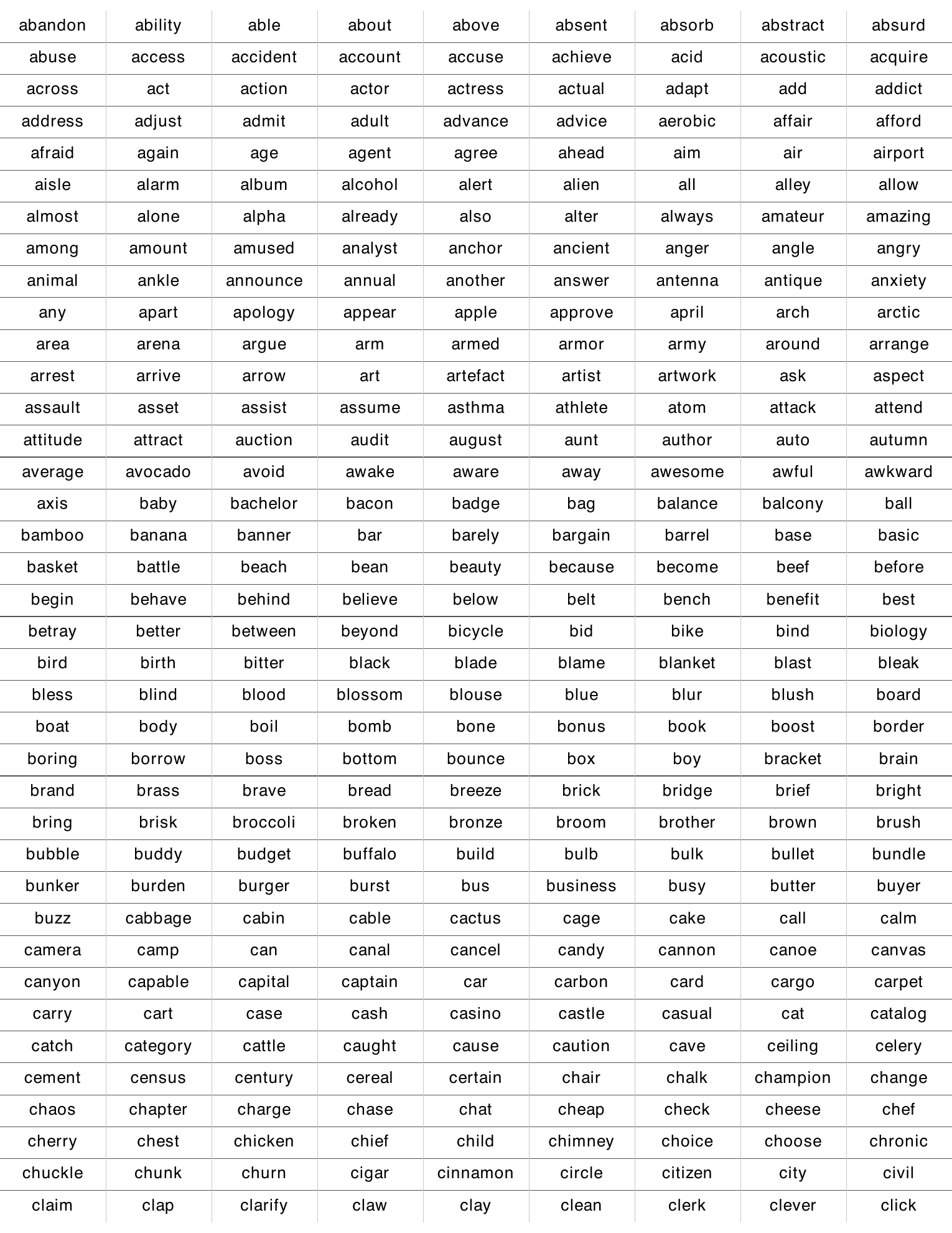 Straight-on preview of page one of the downloadable BIP39 word-slip PDF